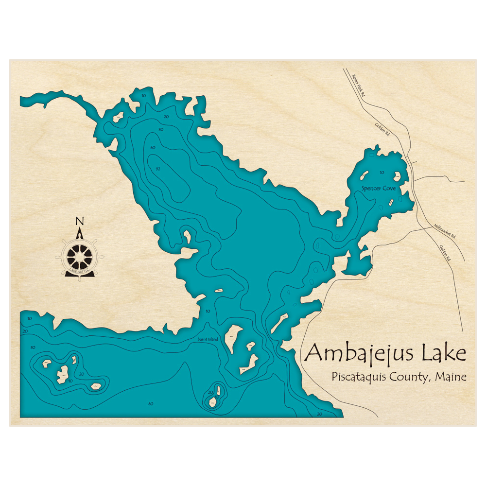 Bathymetric topo map of Ambajejus Lake with roads, towns and depths noted in blue water