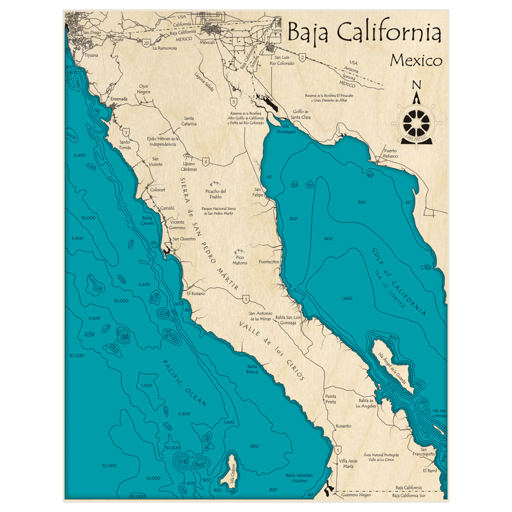 Bathymetric topo map of Baja California (north half) with roads, towns and depths noted in blue water