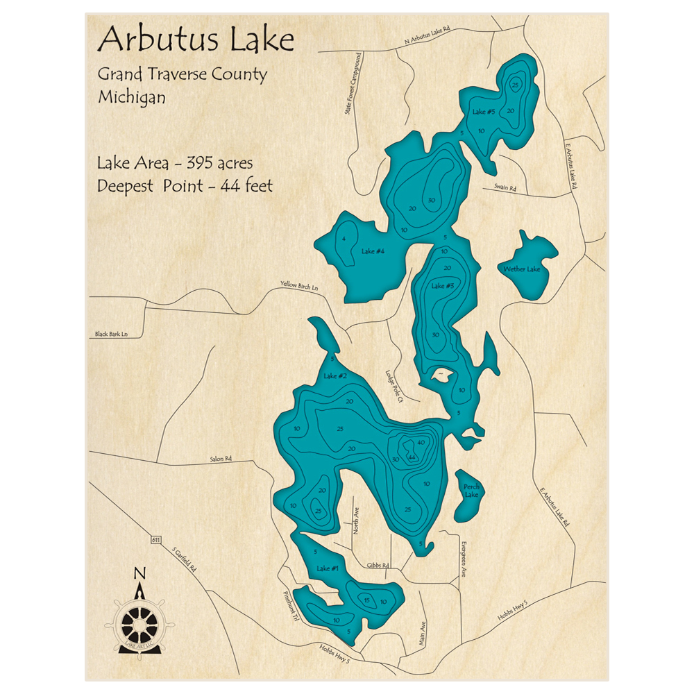 Bathymetric topo map of Arbutus Lake with roads, towns and depths noted in blue water