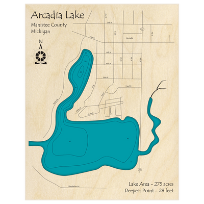 Bathymetric topo map of Arcadia Lake with roads, towns and depths noted in blue water