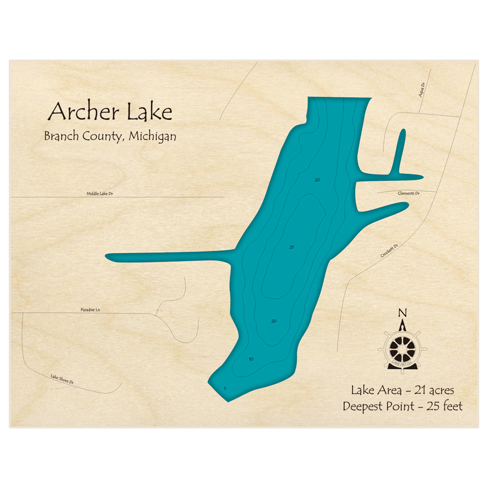 Bathymetric topo map of Archer Lake with roads, towns and depths noted in blue water