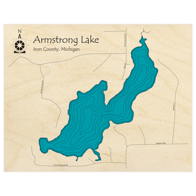 Bathymetric topo map of Armstrong Lake  with roads, towns and depths noted in blue water