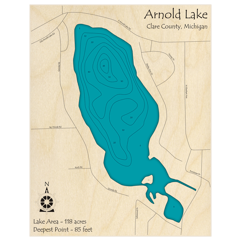 Bathymetric topo map of Arnold Lake with roads, towns and depths noted in blue water