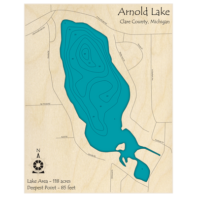 Bathymetric topo map of Arnold Lake with roads, towns and depths noted in blue water