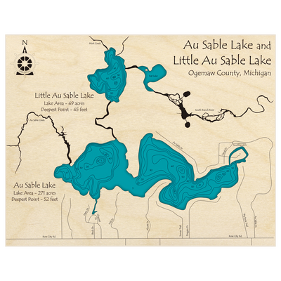 Bathymetric topo map of Au Sable Lake (With Little Au Sable Lake) with roads, towns and depths noted in blue water