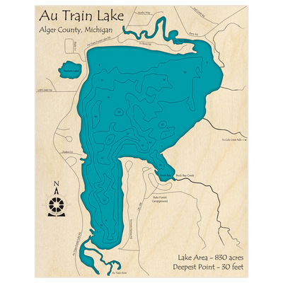 Bathymetric topo map of Au Train Lake with roads, towns and depths noted in blue water