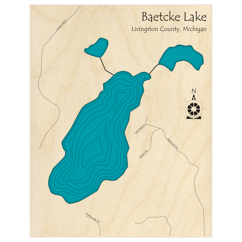 Bathymetric topo map of Baetcke Lake  with roads, towns and depths noted in blue water