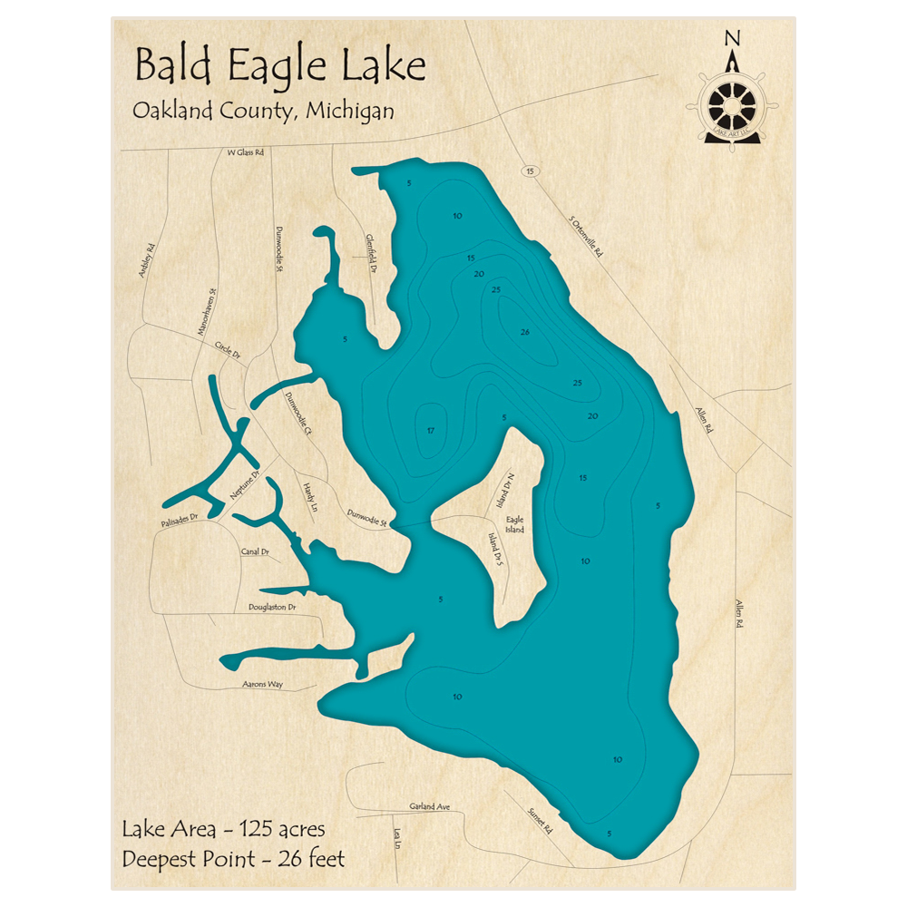 Bathymetric topo map of Bald Eagle Lake with roads, towns and depths noted in blue water