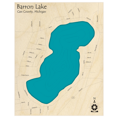 Bathymetric topo map of Barron Lake  with roads, towns and depths noted in blue water