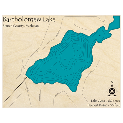 Bathymetric topo map of Bartholomew Lake with roads, towns and depths noted in blue water