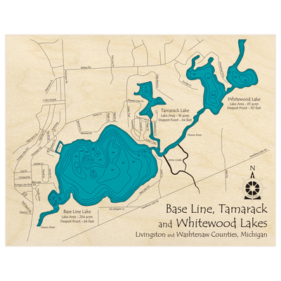 Bathymetric topo map of Base Line Lake (With Tamarack and Whitewood Lakes) with roads, towns and depths noted in blue water