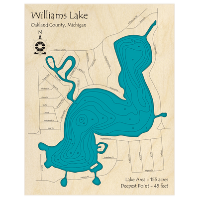 Bathymetric topo map of Williams Lake with roads, towns and depths noted in blue water