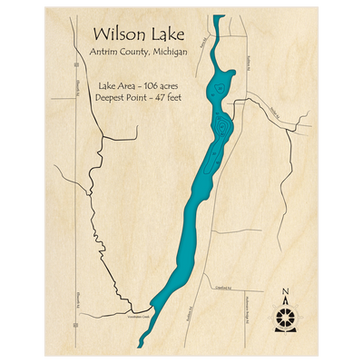 Bathymetric topo map of Wilson Lake with roads, towns and depths noted in blue water