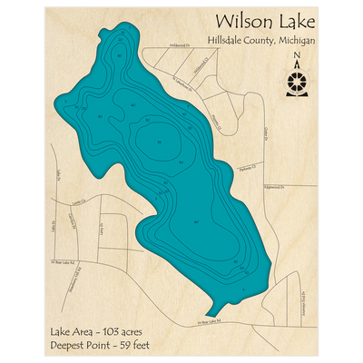 Bathymetric topo map of Wilson Lake with roads, towns and depths noted in blue water