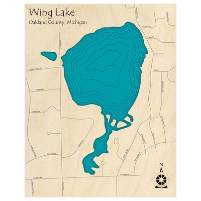 Bathymetric topo map of Wing Lake  with roads, towns and depths noted in blue water