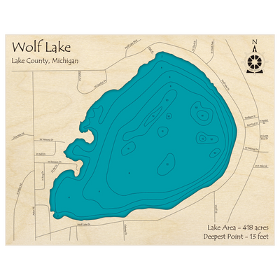 Bathymetric topo map of Wolf Lake with roads, towns and depths noted in blue water