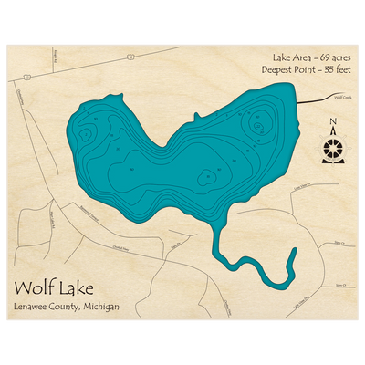 Bathymetric topo map of Wolf Lake with roads, towns and depths noted in blue water