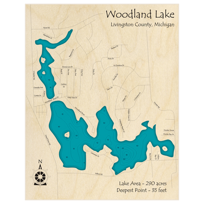 Bathymetric topo map of Woodland Lake with roads, towns and depths noted in blue water