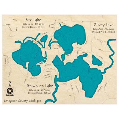 Bathymetric topo map of Zukey Lake (With Strawberry and Bass) with roads, towns and depths noted in blue water