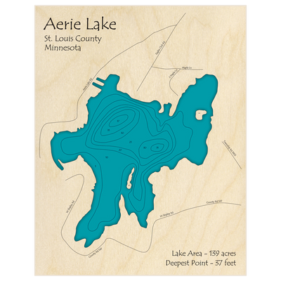 Bathymetric topo map of Aerie Lake with roads, towns and depths noted in blue water