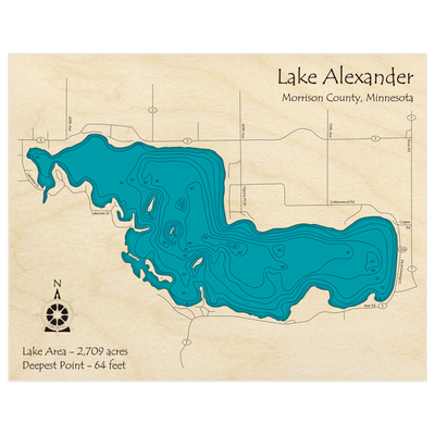 Bathymetric topo map of Alexander Lake with roads, towns and depths noted in blue water