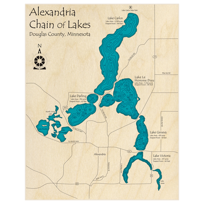 Bathymetric topo map of Alexandria Chain of Lakes with roads, towns and depths noted in blue water