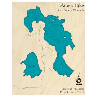 Bathymetric topo map of Amen Lake with roads, towns and depths noted in blue water