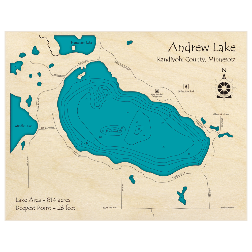 Bathymetric topo map of Andrew Lake with roads, towns and depths noted in blue water