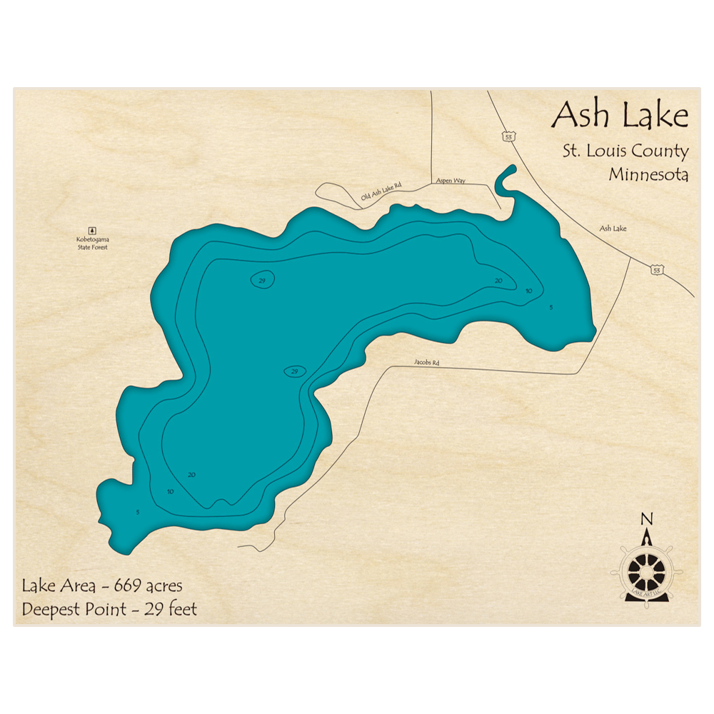 Bathymetric topo map of Ash Lake with roads, towns and depths noted in blue water