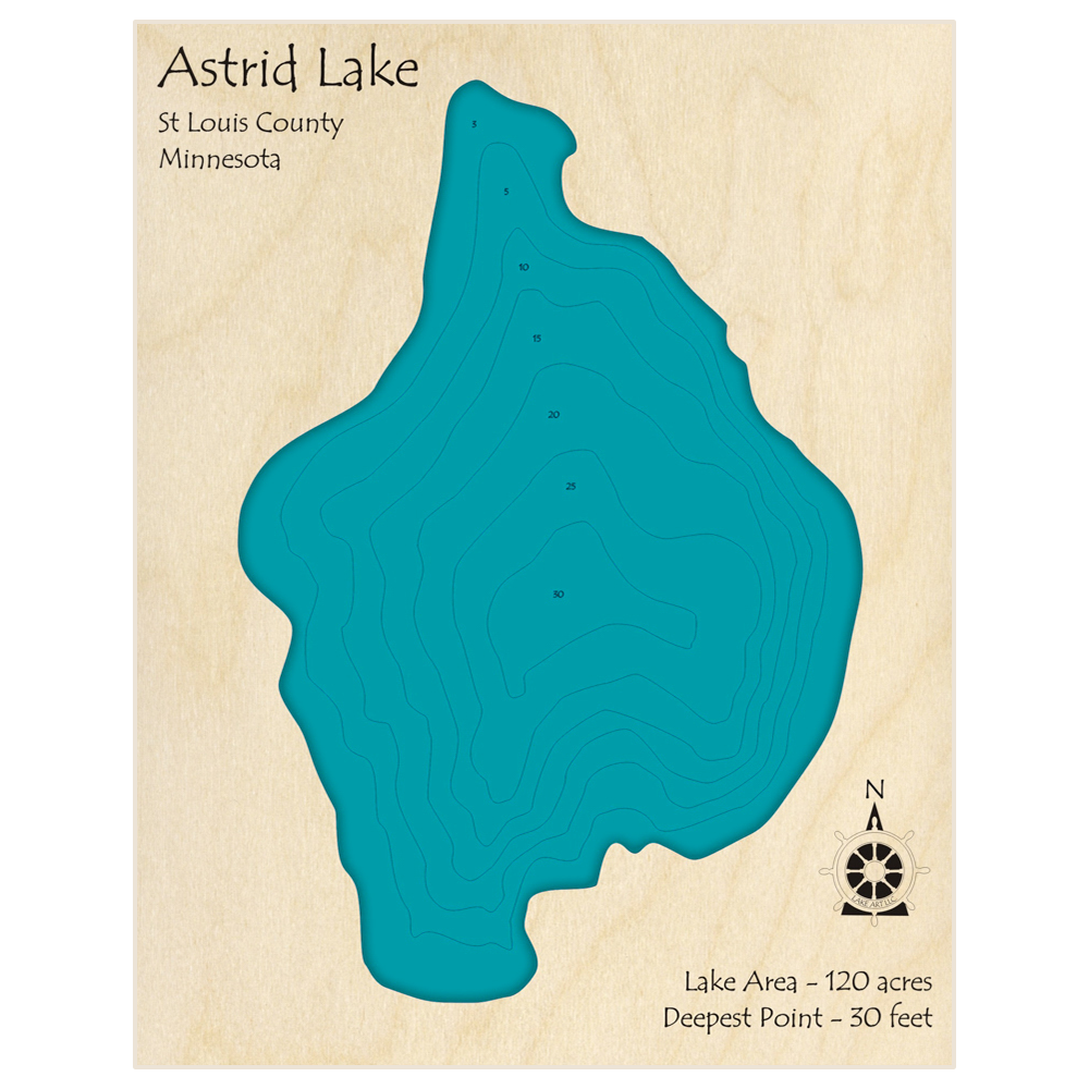 Bathymetric topo map of Astrid Lake with roads, towns and depths noted in blue water