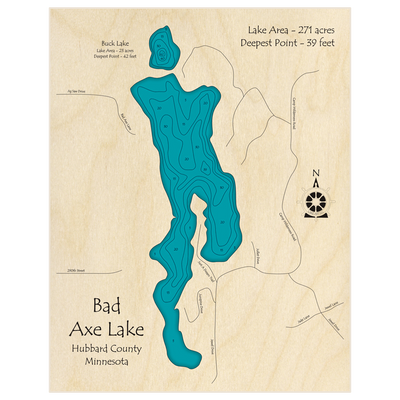 Bathymetric topo map of Bad Axe Lake (With Buck Lake) with roads, towns and depths noted in blue water