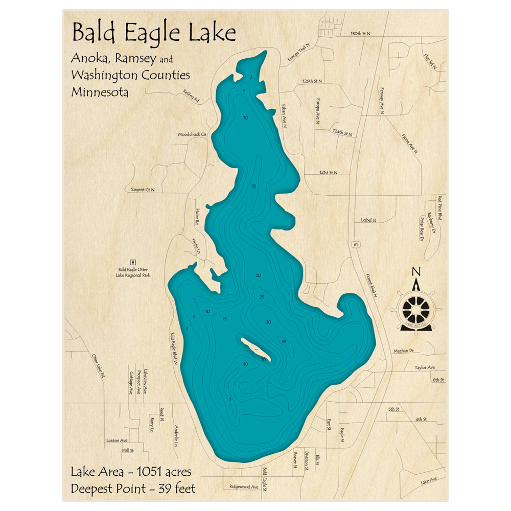 Bathymetric topo map of Bald Eagle Lake with roads, towns and depths noted in blue water