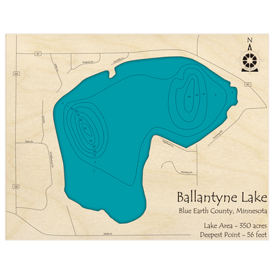 Bathymetric topo map of Ballantyne Lake with roads, towns and depths noted in blue water