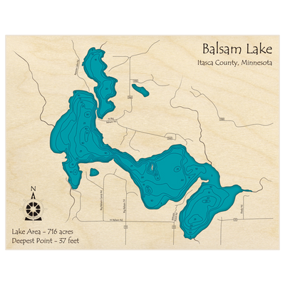 Bathymetric topo map of Balsam Lake with roads, towns and depths noted in blue water