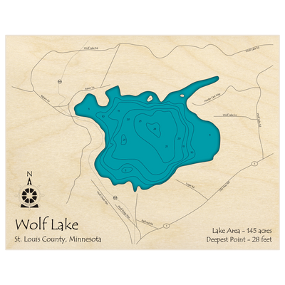 Bathymetric topo map of Wolf Lake with roads, towns and depths noted in blue water