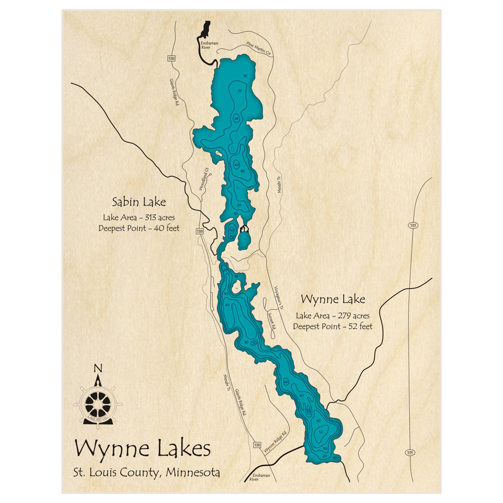 Bathymetric topo map of Wynne Lake (With North Wynne Lake) with roads, towns and depths noted in blue water