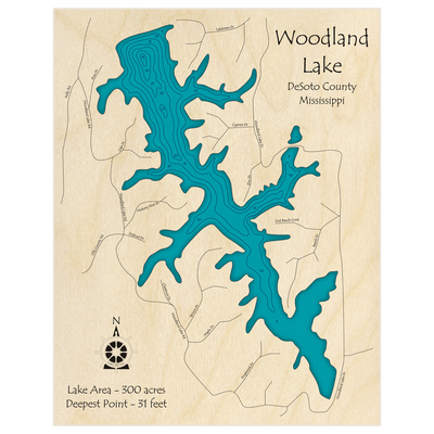 Bathymetric topo map of Woodland Lake with roads, towns and depths noted in blue water