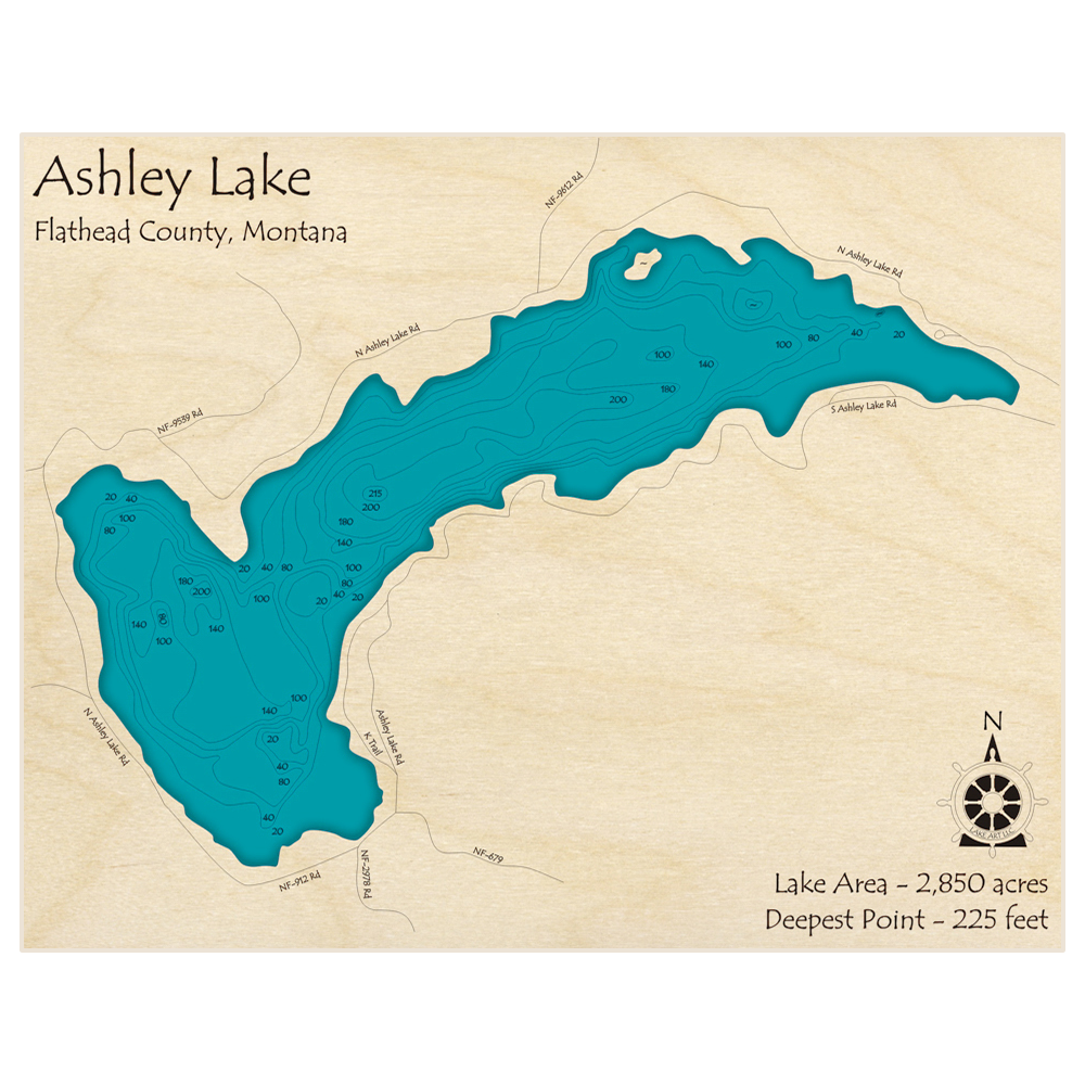 Bathymetric topo map of Ashley Lake with roads, towns and depths noted in blue water