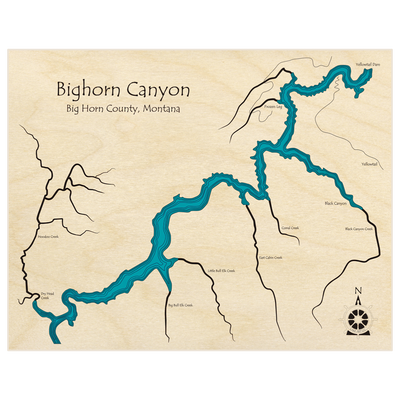 Bathymetric topo map of Bighorn Canyon * (Dry Head Creek to Yellowtail Dam) with roads, towns and depths noted in blue water