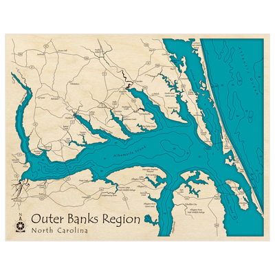 Bathymetric topo map of Albemarle Sound Extended with roads, towns and depths noted in blue water