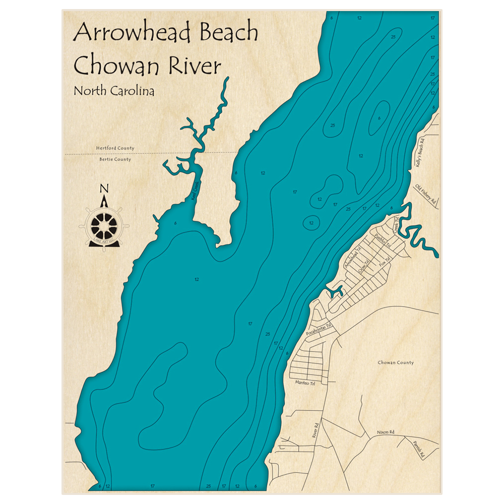 Bathymetric topo map of Arrowhead Beach on the Chowan River with roads, towns and depths noted in blue water