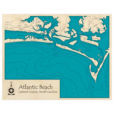 Bathymetric topo map of Atlantic Beach to Cape Lookout with roads, towns and depths noted in blue water