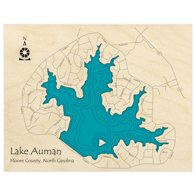 Bathymetric topo map of Auman Lake  with roads, towns and depths noted in blue water