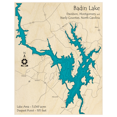 Bathymetric topo map of Badin Lake with roads, towns and depths noted in blue water