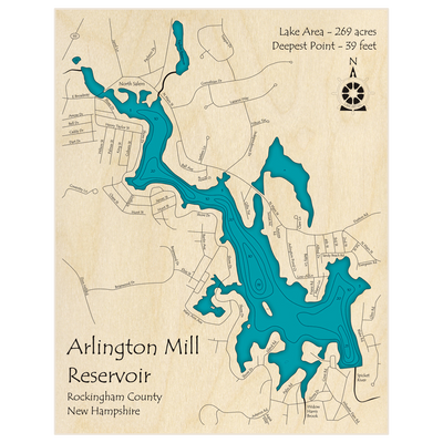 Bathymetric topo map of Arlington Mill Reservoir with roads, towns and depths noted in blue water