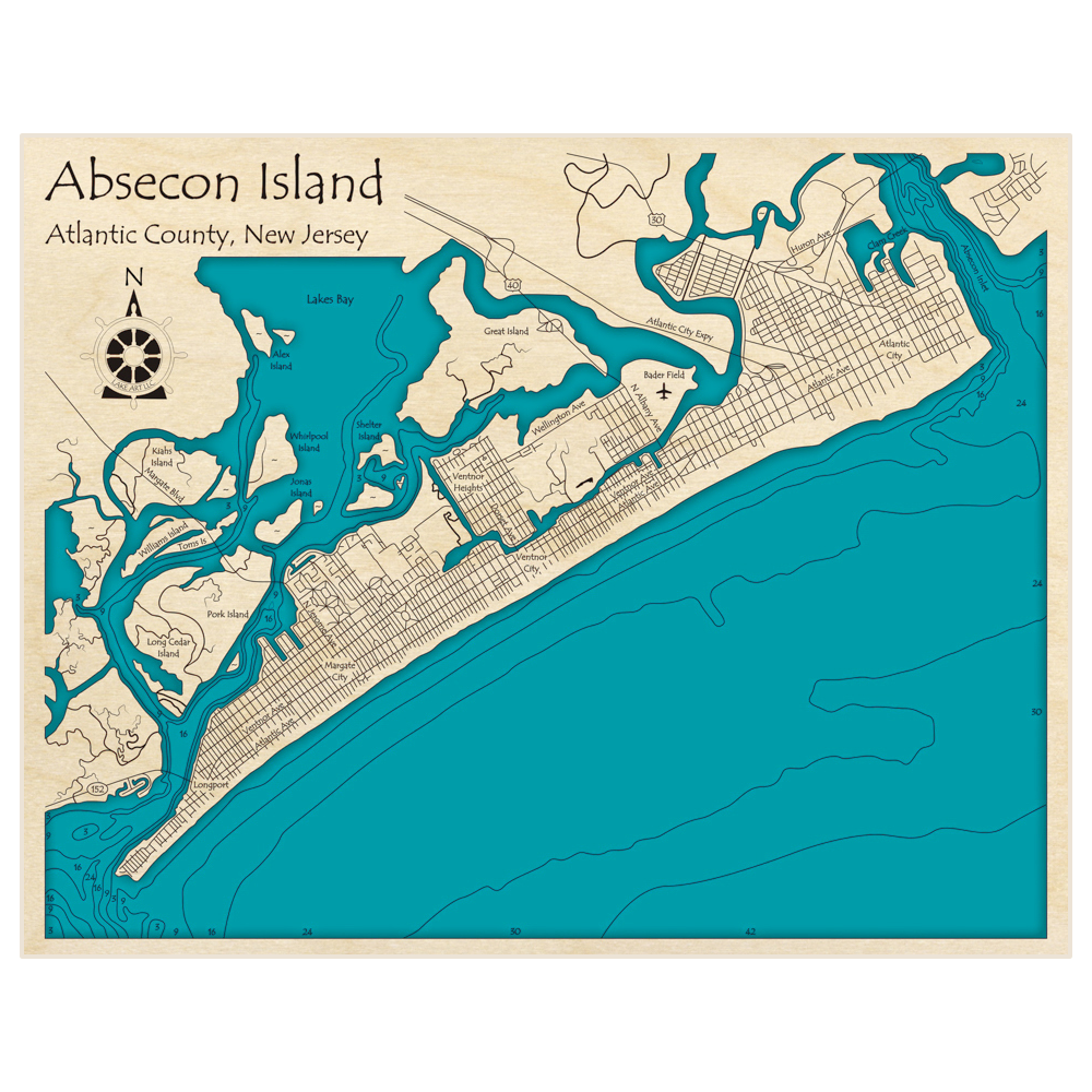 Bathymetric topo map of Absecon Island with roads, towns and depths noted in blue water