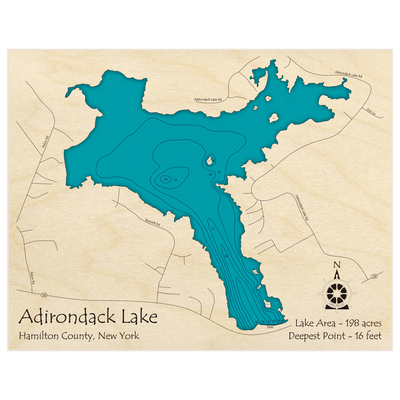 Bathymetric topo map of Adirondack Lake with roads, towns and depths noted in blue water