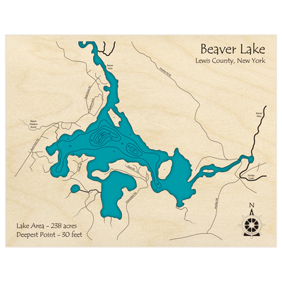 Bathymetric topo map of Beaver Lake with roads, towns and depths noted in blue water