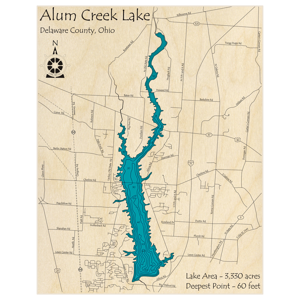 Bathymetric topo map of Alum Creek Reservoir with roads, towns and depths noted in blue water