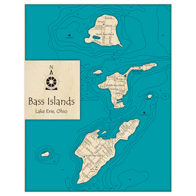 Bathymetric topo map of Bass Islands with roads, towns and depths noted in blue water